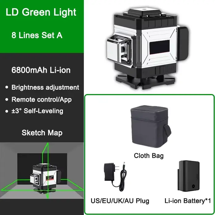 Niveau Laser 16/12/8 lignes 3D/4D, faisceau lumineux vert, télécommande 3 ° Niveau laser à lignes