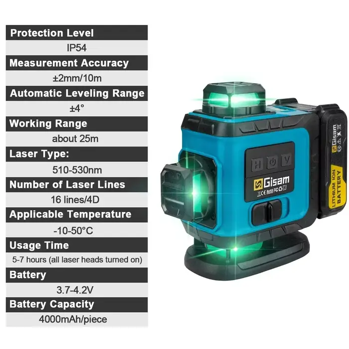 Gismo 4D 16 lignes 360 ° Niveaux Laser auto-nivelants avec trépied et valise, outil de niveau Laser 