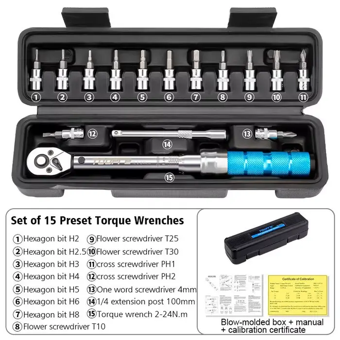 Jeu de clés dynamométriques pour vélo TOOPRE 1/4 2-24Nm 15 pièces, kit d'outils d'entretien et de ré