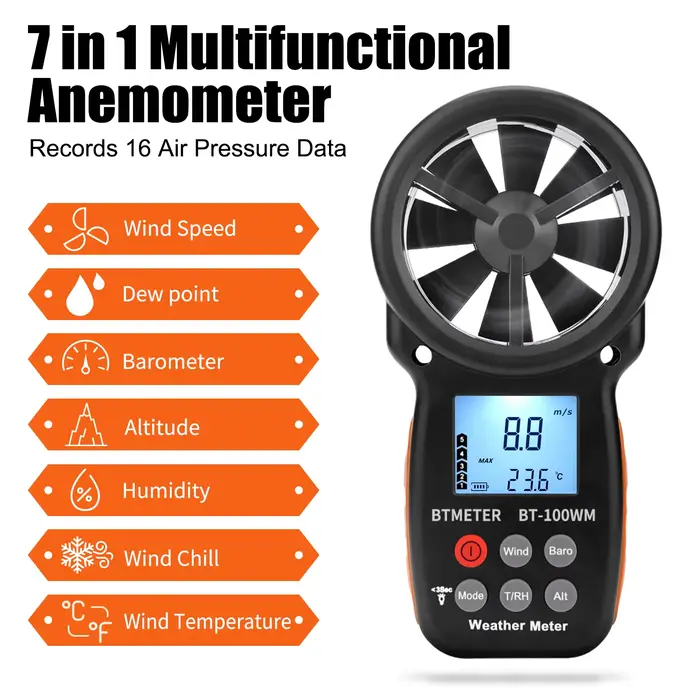 BTMETER – anémomètre numérique portatif, baromètre, pour la vitesse du vent, la température, le refr