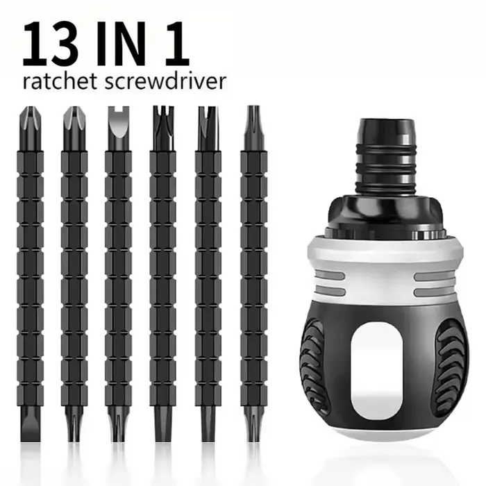 Tournevis à cliquet ergonomique à manche court avec 12 embouts double face multi-spécifications pour la réparation de meubles électroniques et de bricolage