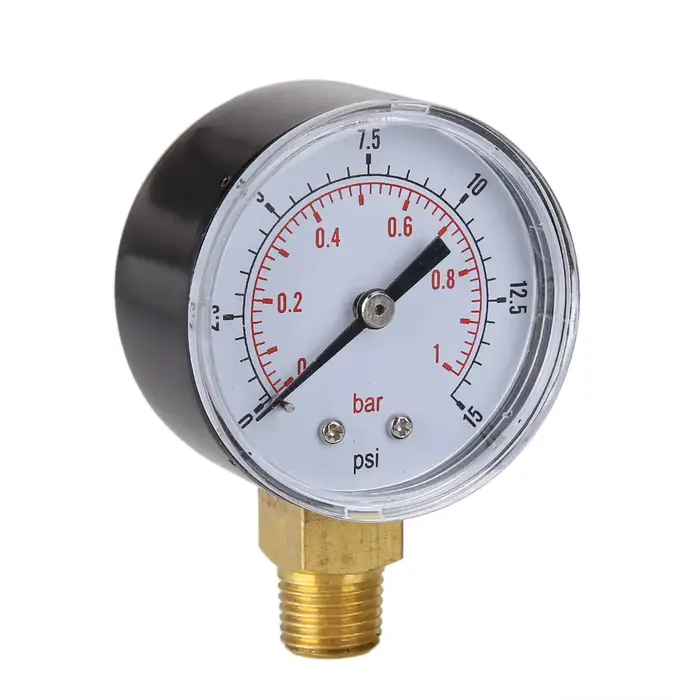 Manomètre Basse Pression pour Carburant et Air Hydraulique, 50mm, 0/15 PSI, 0/1 Bar, 1/4 Béventuelle