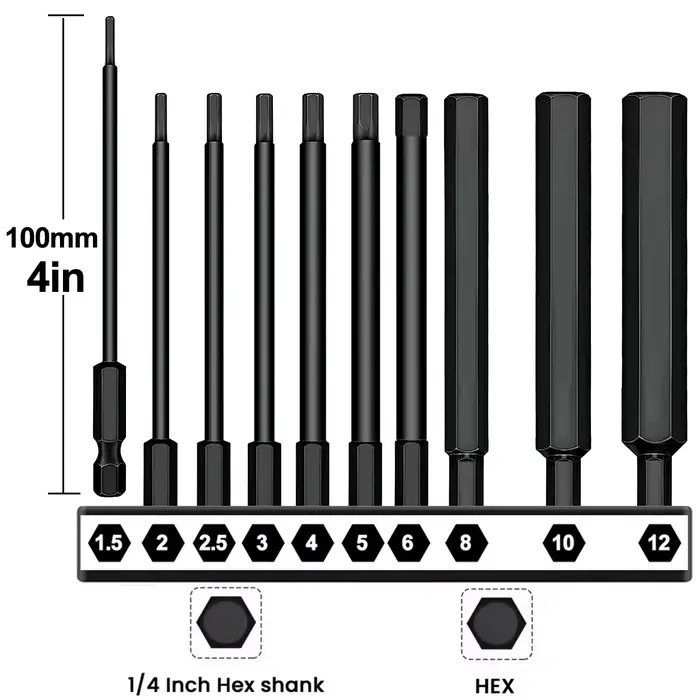 Jeu de forets à clé Allen 100mm, 10 pièces, jeu de tournevis Allen en acier S2 embouts de 1.5 à 12mm