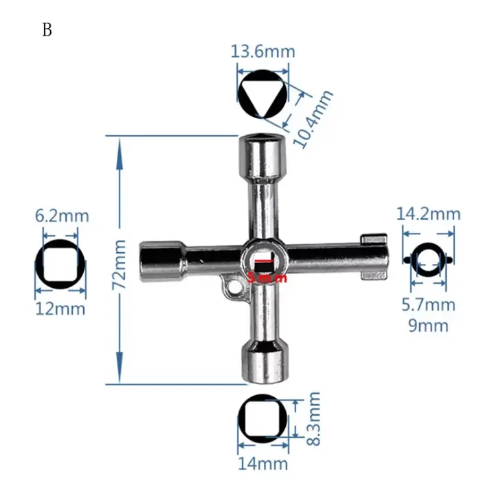 Clé triangulaire universelle multifonction 4-en-1 pour plombiers, idéale pour les compteurs gaz et é
