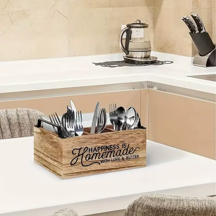 Organisateur d'ustensiles de cuisine en bois classique de haute qualité - Boîte de rangement portable avec design