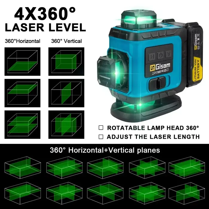 Gismo 4D 16 lignes 360 ° Niveaux Laser auto-nivelants avec trépied et valise, outil de niveau Laser 
