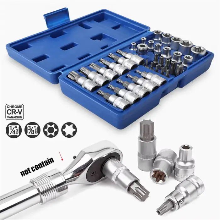 Jeu de 34 douilles à cliquet Torque Wrlike Torx Star