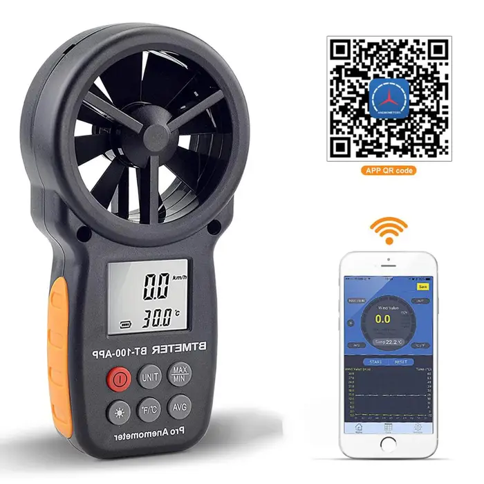 BTMETER BT-100-APP, Anémomètre numérique avec application mobile, outil de mesure de la vitesse du v