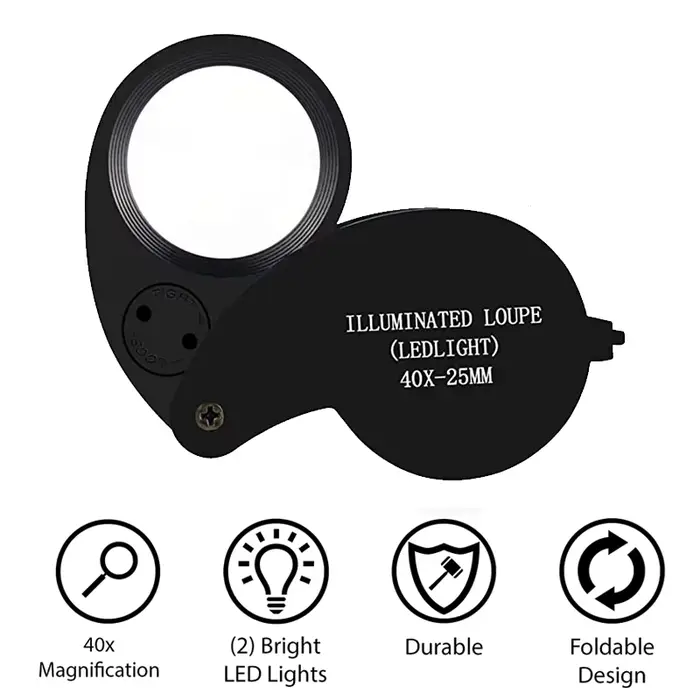Loupe de bijoutier pliante de poche 40X, Loupe avec lumière pour montre, pièces de monnaie, timbres,