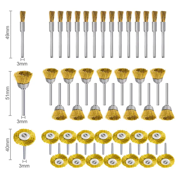XCAN 45 pièces fil d'acier roue en laiton tasse brosse ensemble métal polissage roue 3mm tige pour D