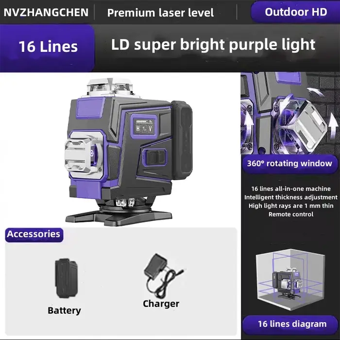Niveau laser 12/16 lignes 3D/4D faisceau lumineux violet auto-nivelant