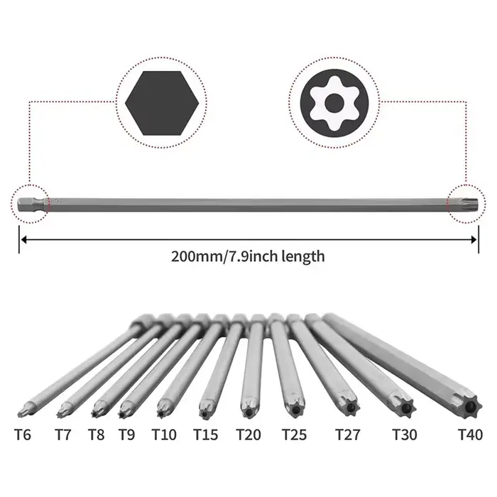 TFORU - Jeu de 11 embouts Torx extra longs en acier S2 magnétique de 200 mm