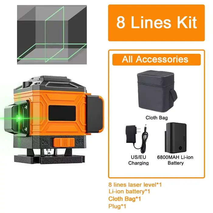 Niveau laser Green Line 3D/4D 8/12/16 lignes niveau auto-nivelant 360 °   Outil de niveau laser à fa