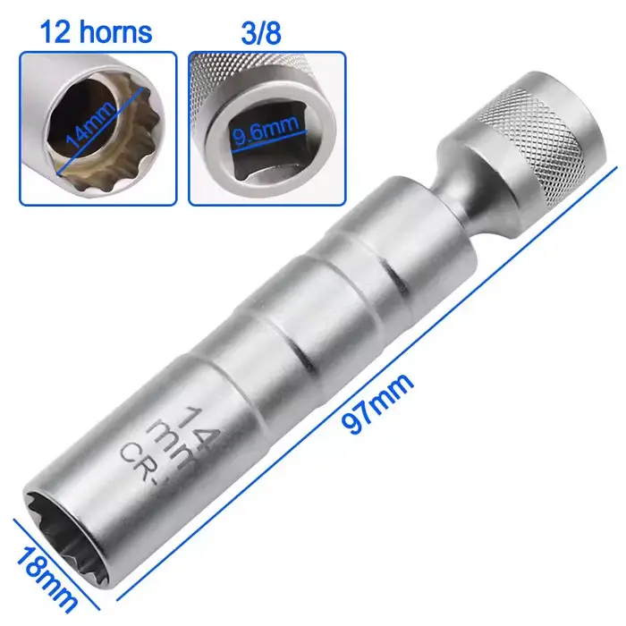 Clé à manchon universelle pour bougie d'allumage, douille magnétique de 3/8 pouces, Angle de 12 poin