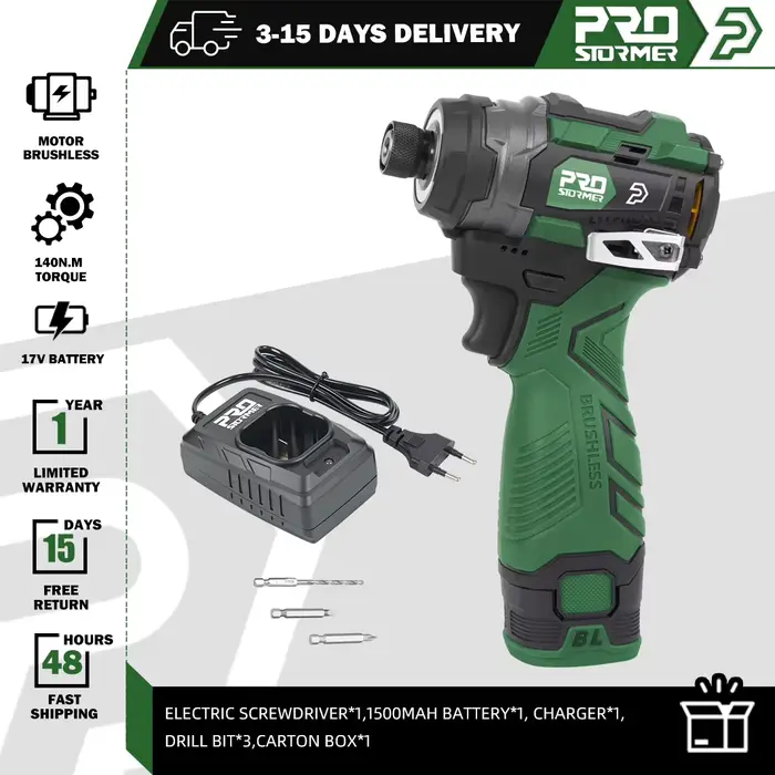 PROSTORMER – tournevis électrique sans balais 17V, pilote d'alimentation sans fil 140nm, batterie Li