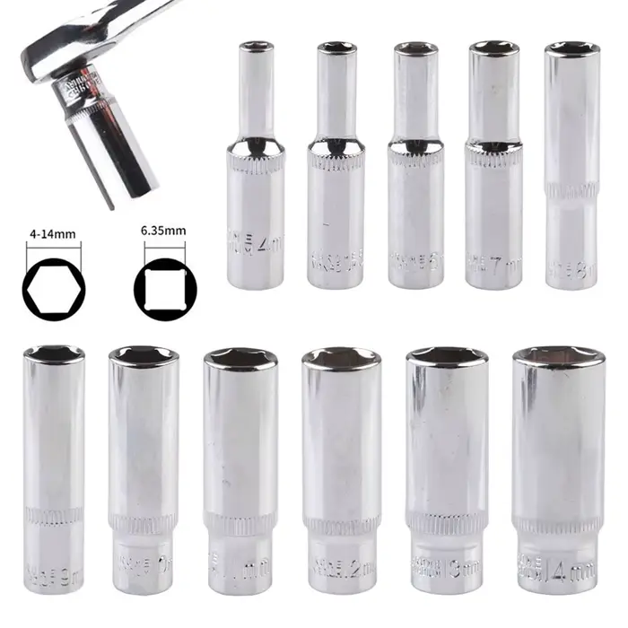 Adaptateur de douille profonde de 4 à 14mm, clé à douille hexagonale de 1/4 pouces, outil à cliquet,