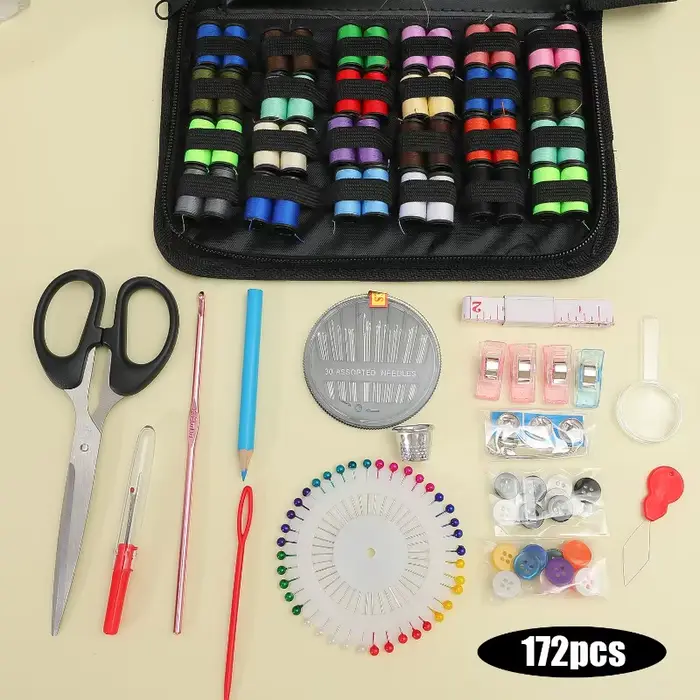 172/128/67/27 pièces/ensemble Kit de couture avec fils aiguilles ciseaux ruban à mesurer boutons sac de rangement