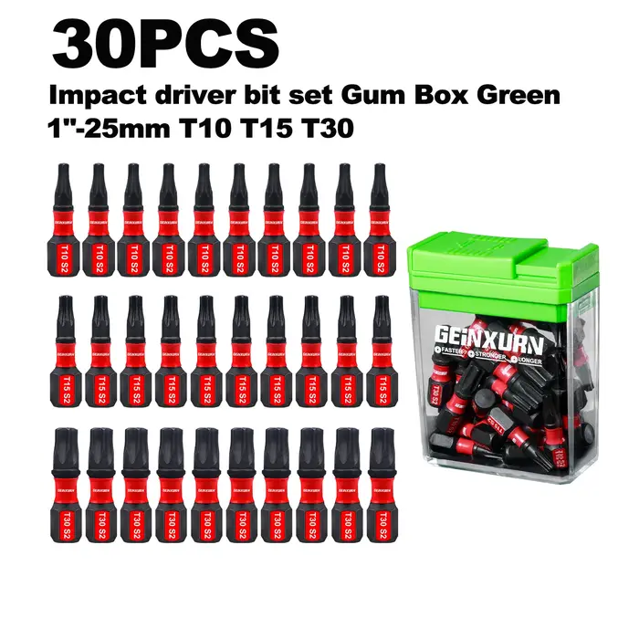 Geinxurn 30 embouts multi-conducteurs magnétiques Torx en acier S2 à impact avec boîte colorée de rangement (vert