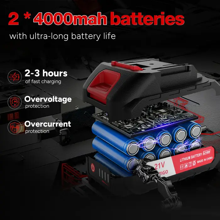 OUTIGO Tronçonneuse à batterie, Tronçonneuse 8 pouces,  2*4000mah, MINI Tronçonneuse sans fil, 4 cha