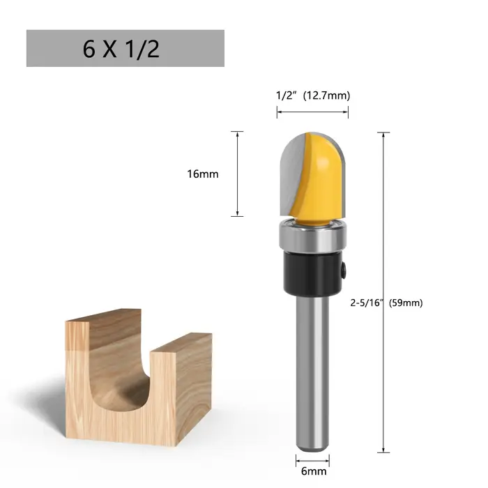 LAVIE 6mm 6.35mm tige 1-1/8 3/4 pouces de diamètre bol plateau routeur peu nez rond fraise avec roulement pour le travai