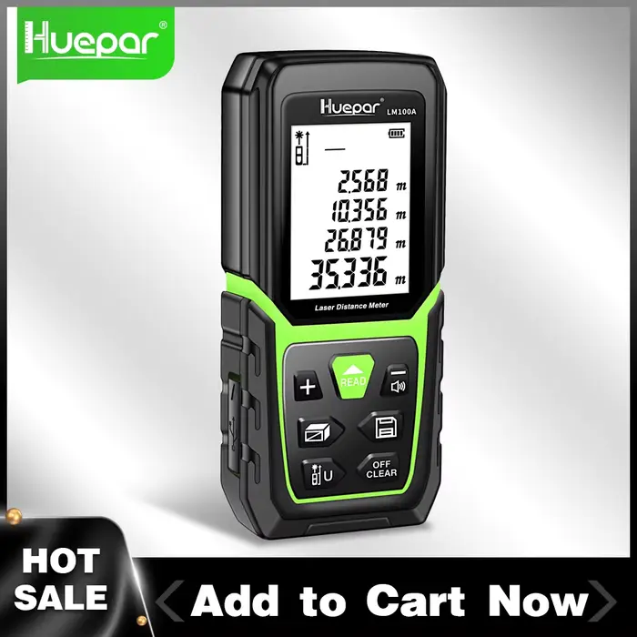 Huepar télémètre Laser télémètre 330 pieds/100M rétro-éclairé LCD mesure Laser M/In/Ft avec batterie