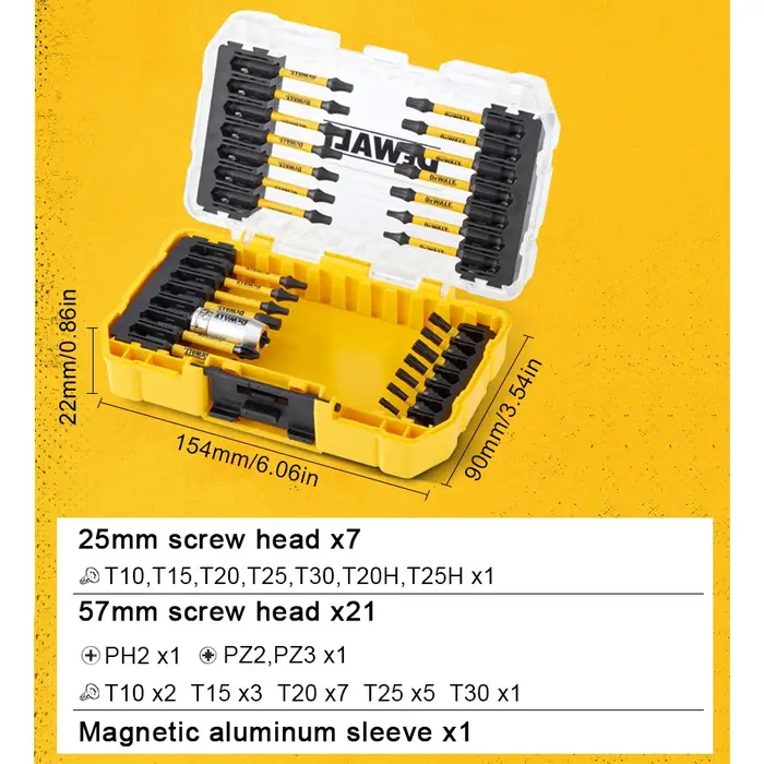 Dewalt Jeu d'embouts de tournevis de 29 pièces avec étui robuste pour artisans professionnels et de loisirs noir/jaune DT70734T-QZ