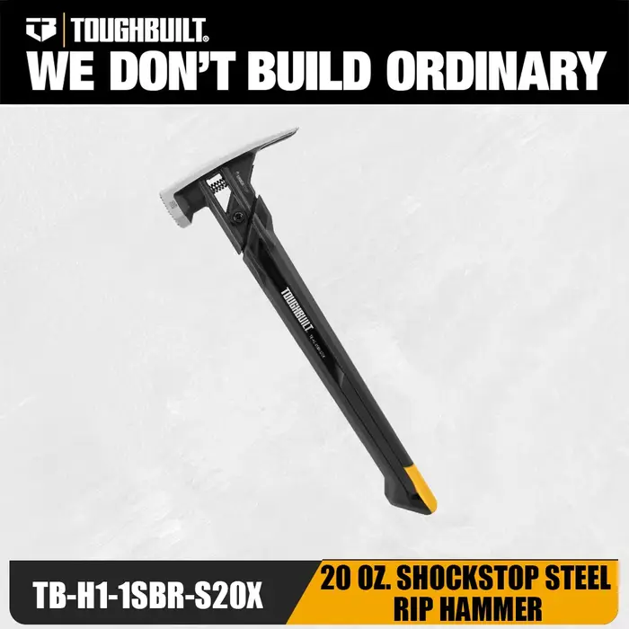 Marteau de charpentier TOUGHBUILT ShockStop 20oz en acier avec face fraisée, poignée ergonomique abs
