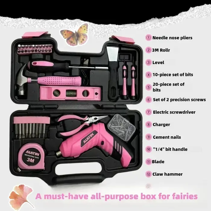 Boîte à Outils Domestique Rose avec Marteau et Tournevis à Batterie au Lithium pour Femme