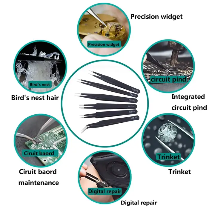 Ensemble de pincettes de précision ESD en acier inoxydable, outils de réparation pour l'électronique
