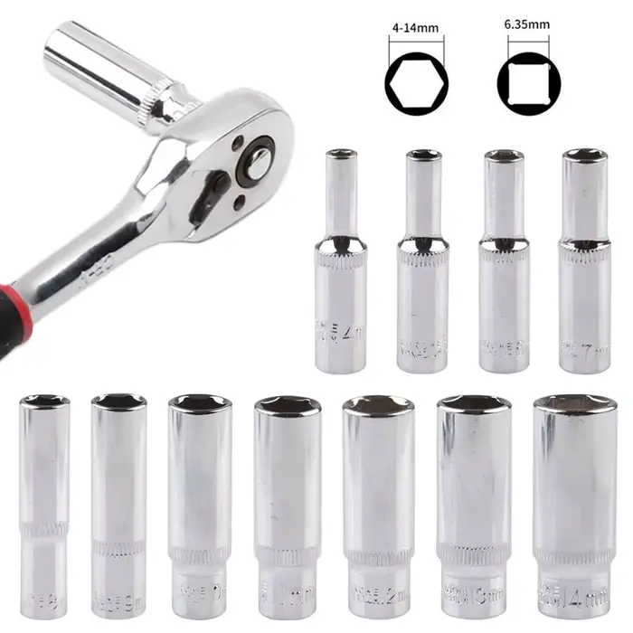Adaptateur de douille profonde de 4 à 14mm, clé à douille hexagonale de 1/4 pouces, outil à cliquet,