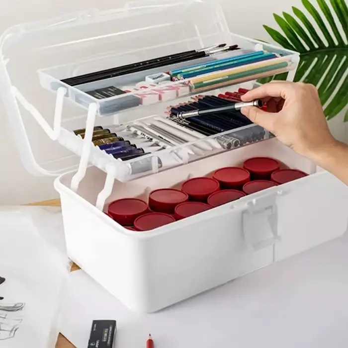 Mallette de transport de boîte à outils d'art à trois niveaux – organise les pinceaux