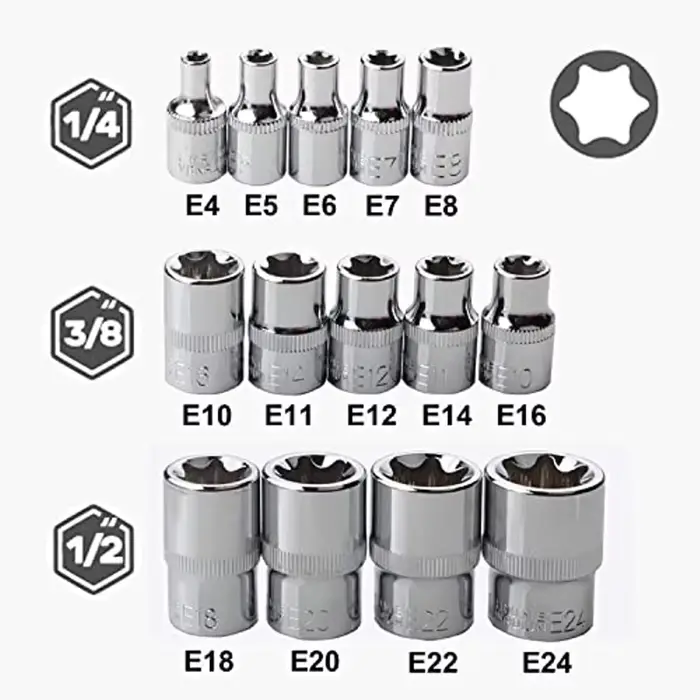 Jeu de douilles Torx E Star femelle E4-E24