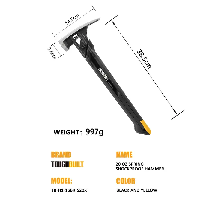 Marteau à ressort TOUGHBUILT à amortissement fluide, marteau à rainure magnétique pour clous, marteau en acier avec manche en caoutchouc TB-H1-1SBR-S20X TB-H1-1SBR-S24X