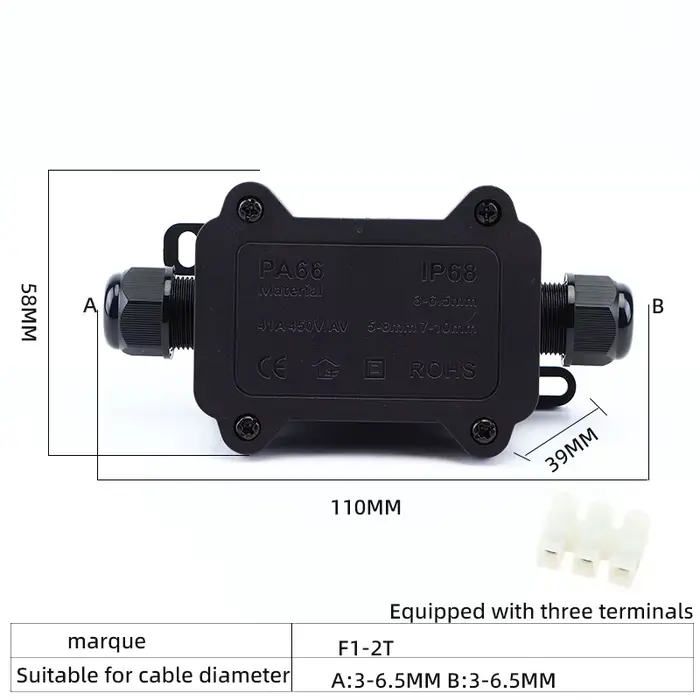 Boîte de jonction étanche en plastique noir IP68, ignifuge, adaptée à un usage extérieur, applicable