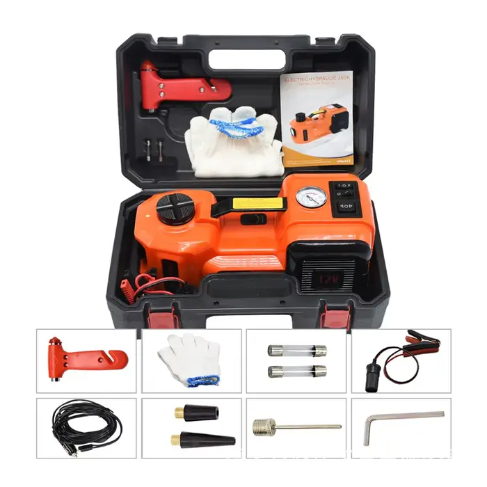 Cric hydraulique électrique 12V 5 tonnes avec pompe de gonflage de pneus et lampe torche LED 3 en 1
