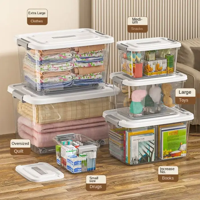 Boîte de rangement noire transparente durable en plastique avec couvercle