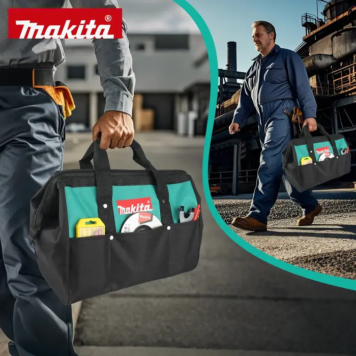 Sac de rangement d'outils polyvalent Makita M368-1 avec base robuste et plusieurs poches extérieures pour tous vos outils essentiels sur le chantier
