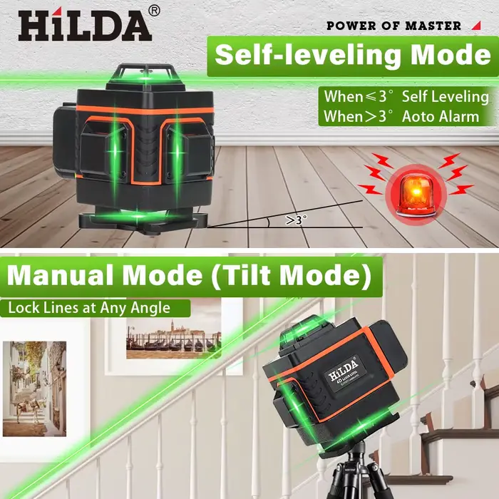 HILDA-Niveau Laser Vert 3D/4D, 12/16 Lignes Auto-Abrasives, Croix Horizontale et Verticale à 360 °, Super Injuste