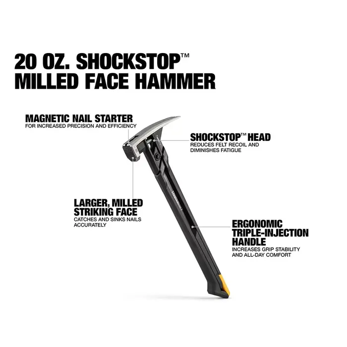Marteau de charpentier TOUGHBUILT ShockStop 20oz en acier avec face fraisée