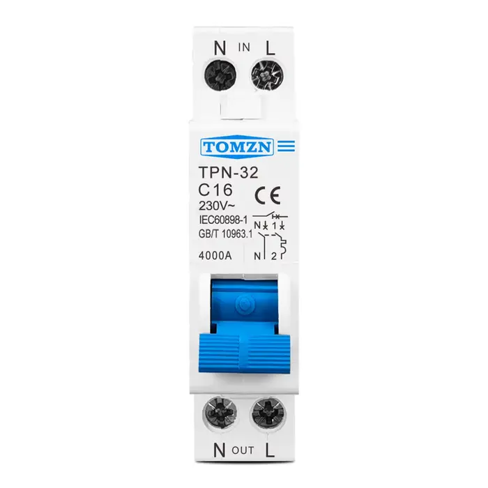 Disjoncteur miniature TOMZN TPN 1P+N MCB 6A 10A 16A 20A 25A 32A pour montage sur rail DIN