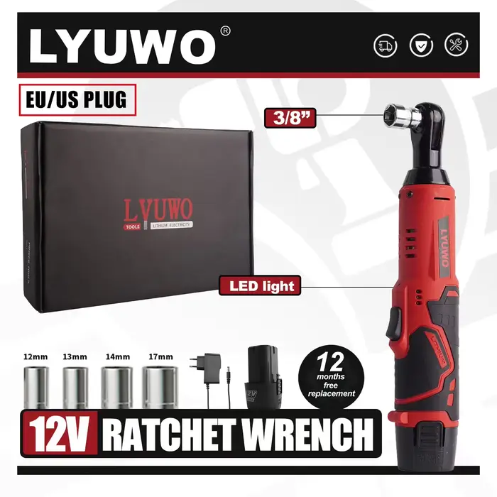 LYUWO 12V clé électrique à Angle droit sans fil 45NM 3/8 pouces clé à cliquet écrou de démontage outil d'entretien de voiture avec 4 douilles