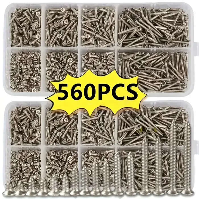 Boîte de 560 vis autotaraudeuses pour bois - Comprend 8 tailles différentes de vis plates en métal M