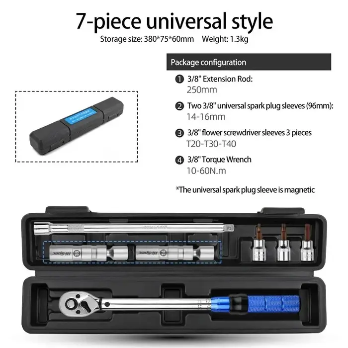 Jeu de clés dynamométriques professionnelles 3/8'' 7/8 pièces 10-60 N.m avec douilles magnétiques ultra-minces pour bougies d'allumage pour réparation de moteur automobile