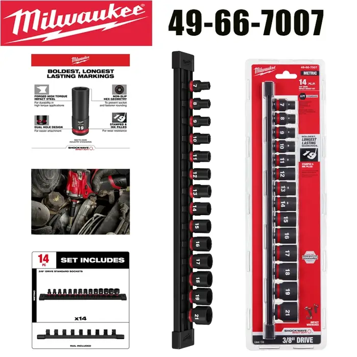 Milwaukee 49-66-7007 SHOCKWAVE Jeu de douilles à chocs métriques 3/8'' 14 pièces avec rail de rangement