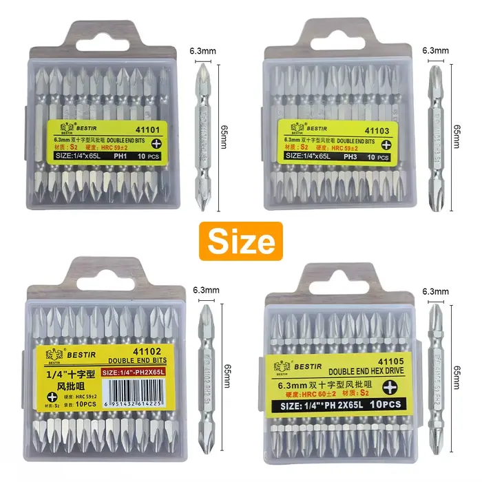 BESTIR 10 pièces jeu d'embouts de tournevis 65-200mm 1/4 "tige S2 alliage Double extrémité PH1 PH2 PH3 forte tête