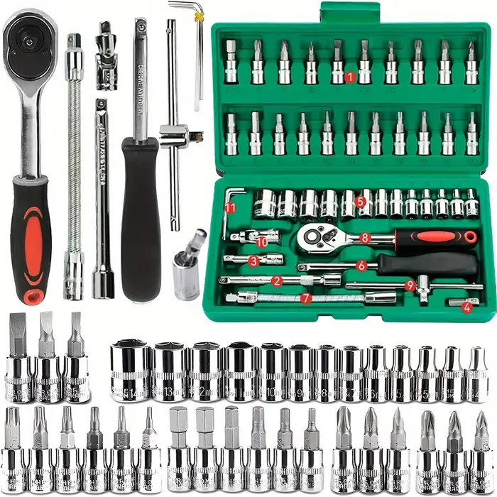 46 pièces outils familiaux 1/4 ensemble Kits d'outils mécaniques pour réparation automobile Hous avec douilles jeu