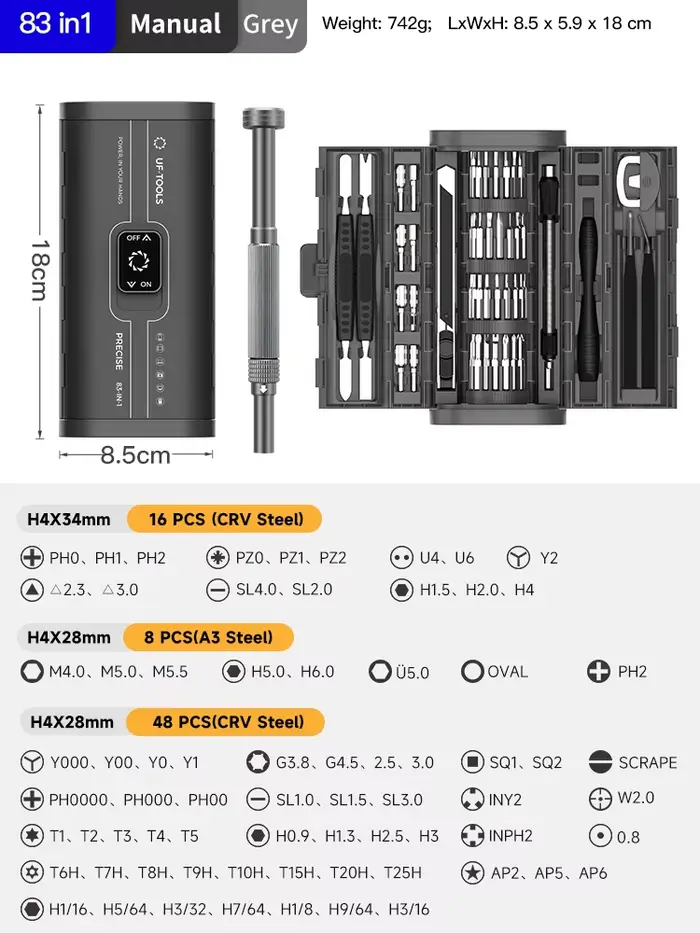 Ensemble de tournevis électrique de précision 83 en 1, sans fil, rechargeable par USB, kit de répara