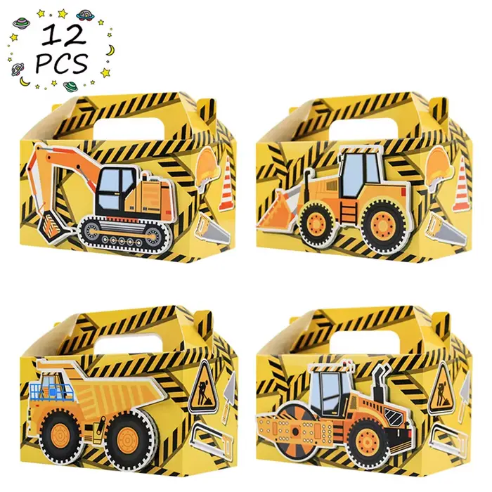 Lot de 12 boîtes cadeaux pour fête sur le thème de la construction, boîtes à friandises pour camions