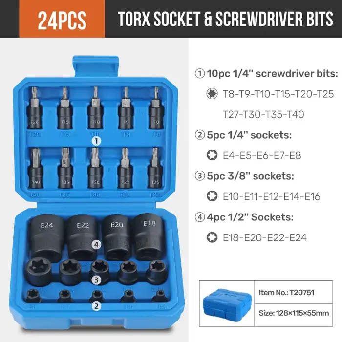 Jeu de douilles Torx et E-Torx 24 pièces