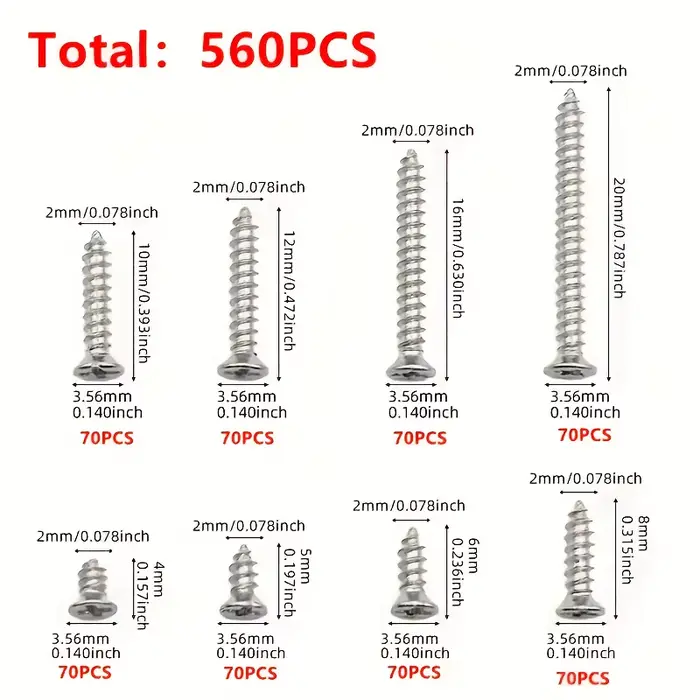 Boîte de 560 vis autotaraudeuses pour bois - Comprend 8 tailles différentes de vis plates en métal M2 - Kit de classification